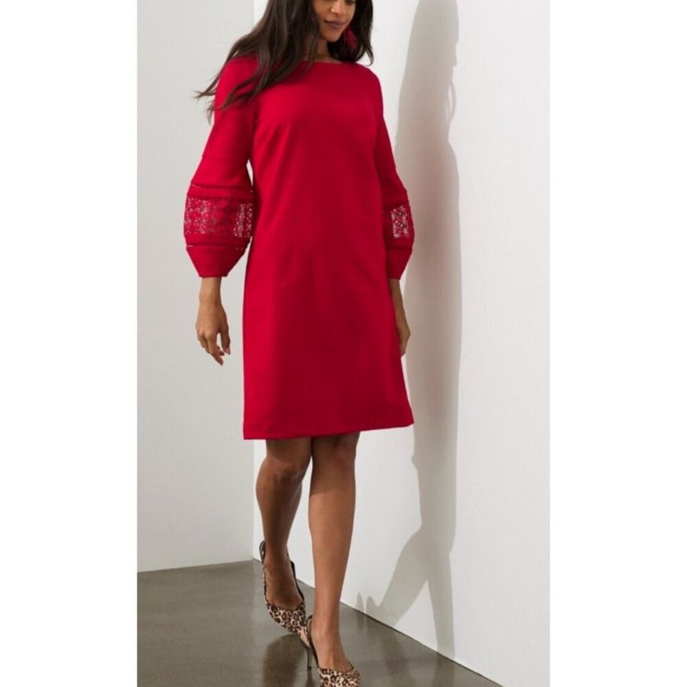 Chicos Dress .5 Red 8 Long Sleeve Stretch Long Statement Sleeve